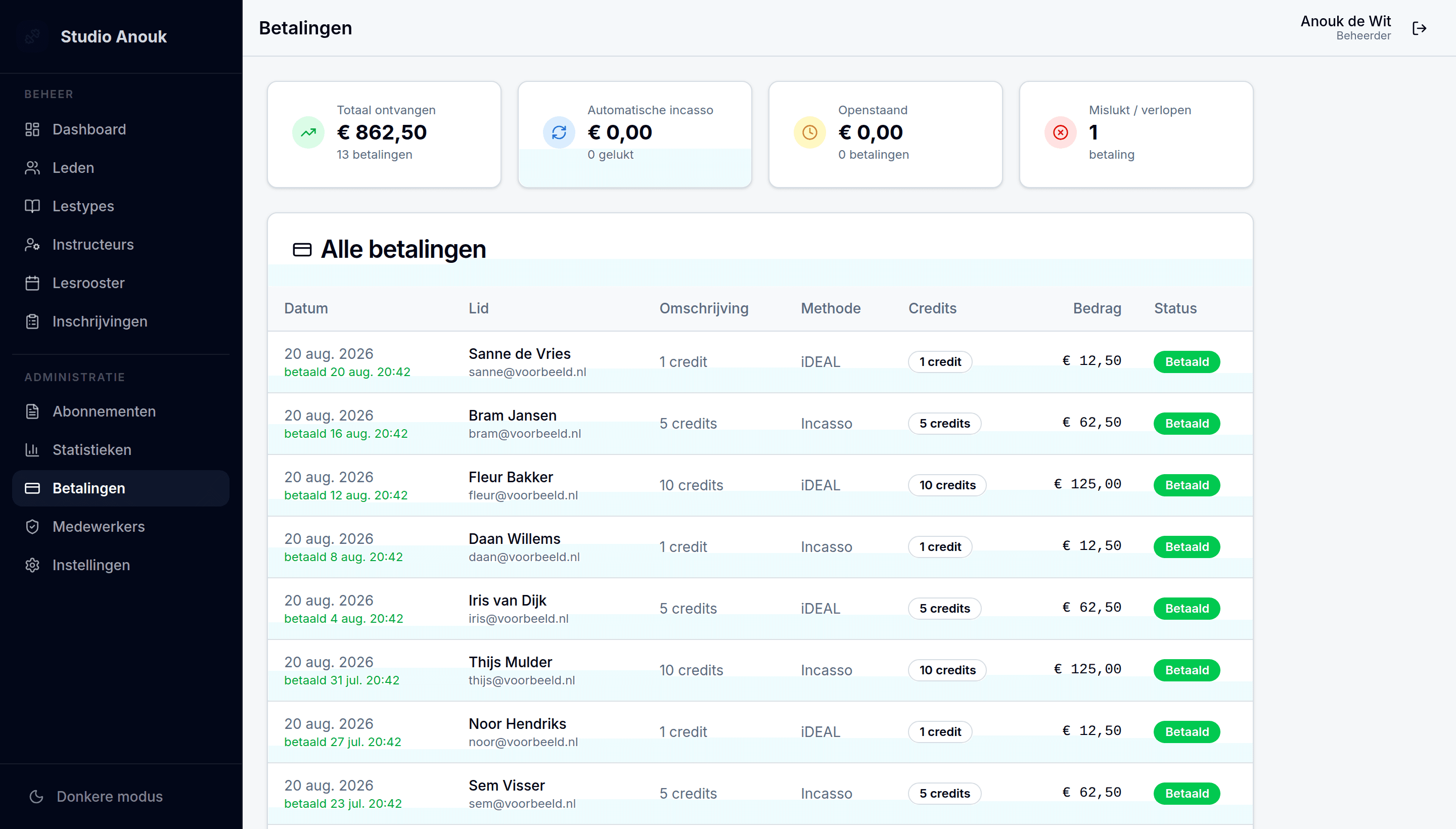 Het betalingenoverzicht in SweatSync met bedragen, betaalmethode en status per betaling.