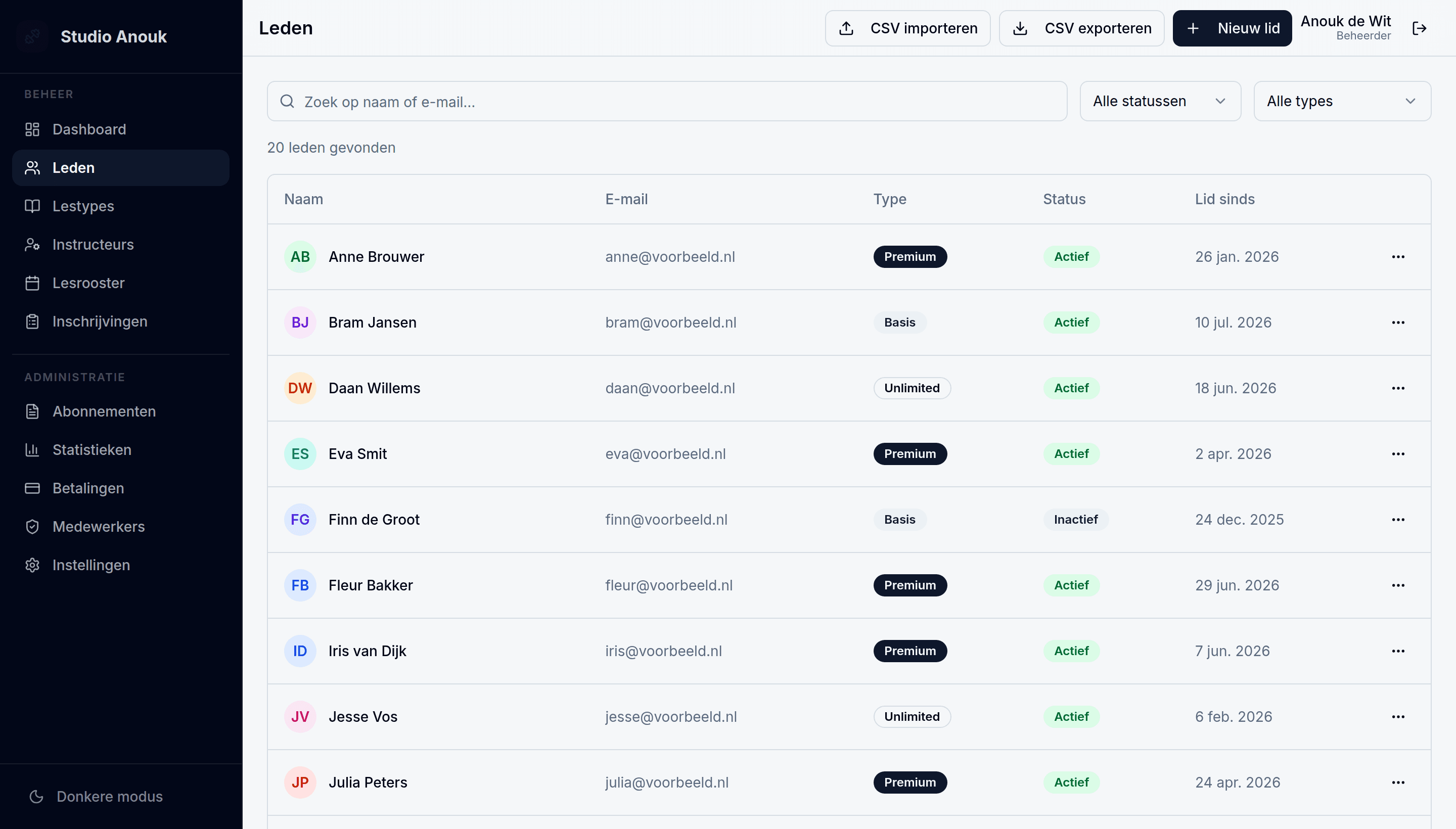 Het ledenoverzicht in SweatSync met per lid de status, het lidmaatschap en het aantal credits.
