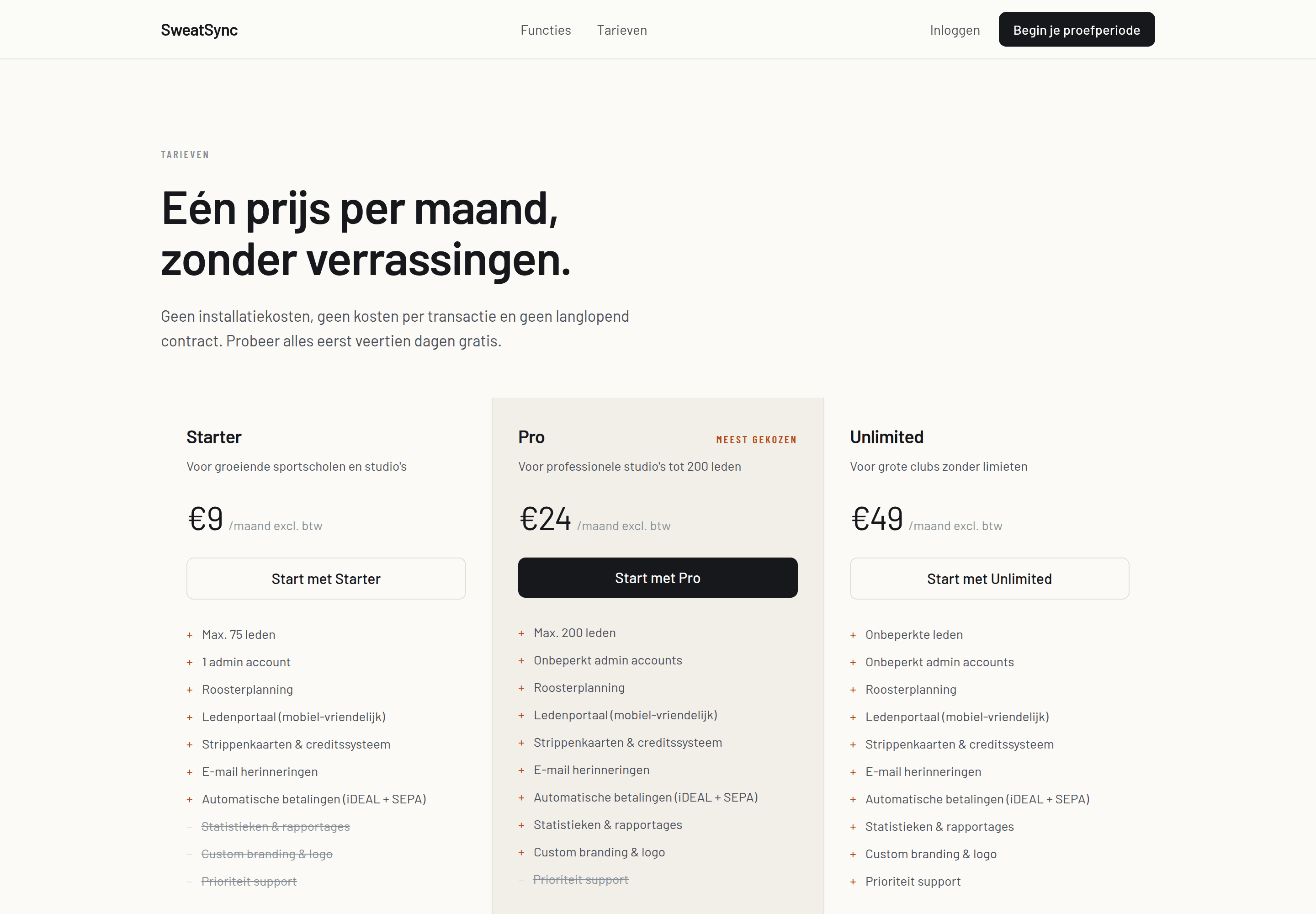 Voorbeeld van een tarievenpagina met prijzen inclusief btw