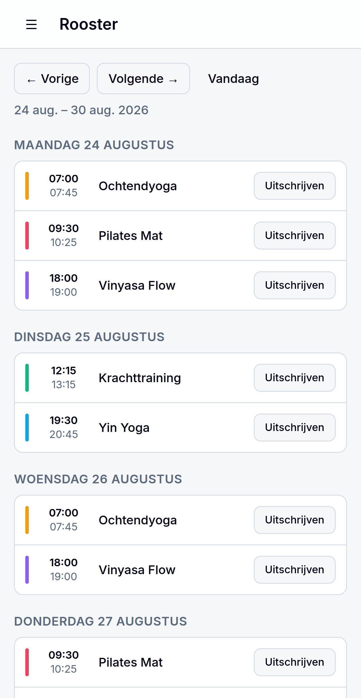 Hetzelfde ledenportaal op een telefoon, met de lessen per dag onder elkaar.